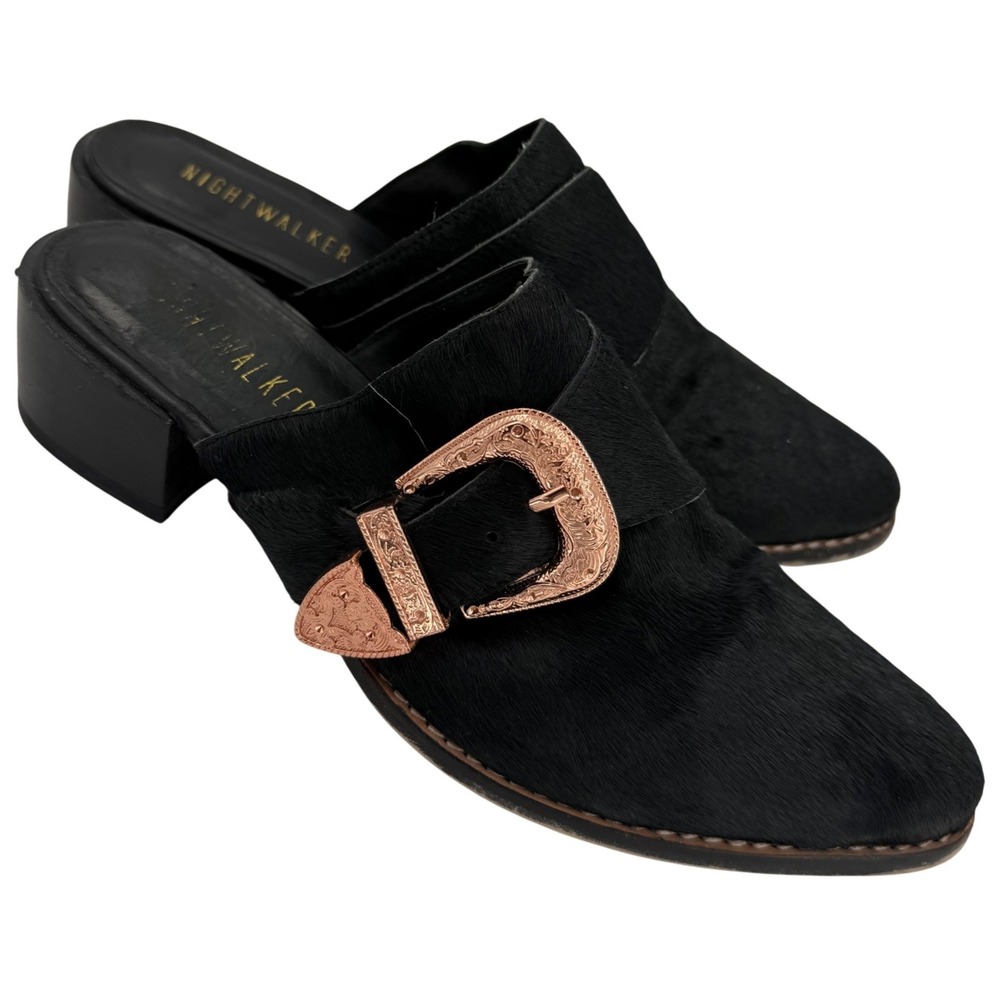 Nightwalker Black Haircalf Leather Western Buckle Mule Clogs Boho Cowgirl EU 38
